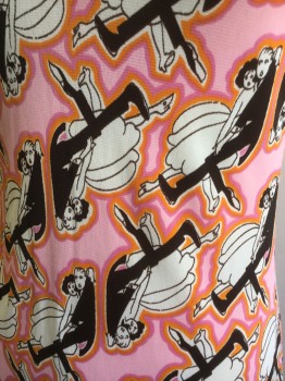 Womens, 1970s Vintage, Top, HOUSE OF NINE, Pink, Orange, Black, White, Polyester, Novelty Pattern, XS, Black and White Dancing Couple Print Outlined in Orange on Pink Background, Scoop Neck, Sleeveless, Ankle Length, Zip Back,
