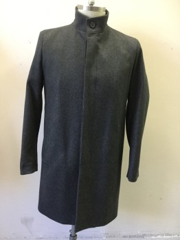 THEORY, Charcoal Gray, Wool, Polyester, Heathered, Button Front, Hidden Placket, Stand Collar, 2 Pockets