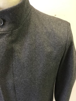 Mens, Coat, Overcoat, THEORY, Charcoal Gray, Wool, Polyester, Heathered, 42, L, Button Front, Hidden Placket, Stand Collar, 2 Pockets