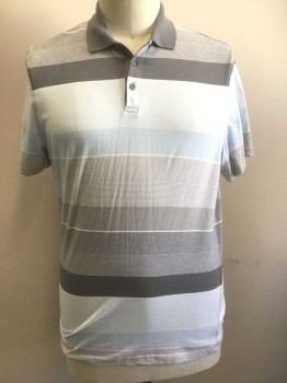 ALFANI, Lt Blue, Gray, White, Dk Gray, Cotton, Stripes - Horizontal , Horizontal Stripes of Varying Widths, Jersey, Short Sleeves, Solid Gray Ribbed Collar Attached, 2 Button Front