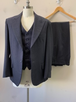 MTO, Navy Blue, Wool, Stripes - Pin, Single Breasted, Collar Attached, Peaked Lapel, 2 Buttons, 3 Pockets