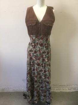 CITY DRESS, Brown, Sage Green, Dk Brown, Green, Taupe, Leather, Rayon, Solid, Floral, Top is Solid Brown Suede, Bottom is Floral Patterned Rayon in Earth Tones, Sleeveless, V-neck, 3 Embossed Brass Snaps, Empire Waist, 2 Patch Pockets at Bust with Snap Closures, Ankle Length,