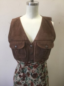 CITY DRESS, Brown, Sage Green, Dk Brown, Green, Taupe, Leather, Rayon, Solid, Floral, Top is Solid Brown Suede, Bottom is Floral Patterned Rayon in Earth Tones, Sleeveless, V-neck, 3 Embossed Brass Snaps, Empire Waist, 2 Patch Pockets at Bust with Snap Closures, Ankle Length,