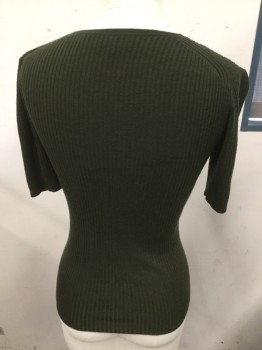 Womens, Pullover, THEORY, Olive Green, Cotton, Solid, P, Crew Neck, Rib Knit, Short Sleeves,