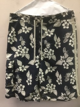 Mens, Swim Trunks, ABERCROMBIE, Navy Blue, White, Lt Gray, Nylon, Hawaiian Print, Floral, W:33, Navy with White and Gray Hibiscus Flowers, Light Gray Cord Ties at Waist, Gray Outseam Stripe, 10" Inseam