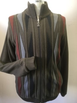 Mens, Cardigan Sweater, ARNOLD PALMER, Brown, Black, Gray, Rust Orange, Acrylic, Polyester, Geometric, Stripes - Vertical , Medium, Zip Front, Lined, Color Long Triangles with Dotted Vertical Stripes, 2 Pockets, Plain Back