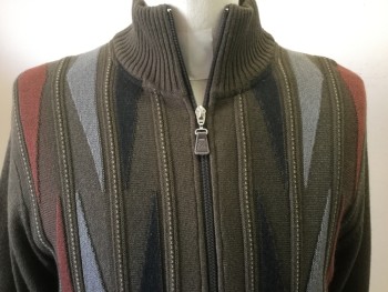 Mens, Cardigan Sweater, ARNOLD PALMER, Brown, Black, Gray, Rust Orange, Acrylic, Polyester, Geometric, Stripes - Vertical , Medium, Zip Front, Lined, Color Long Triangles with Dotted Vertical Stripes, 2 Pockets, Plain Back