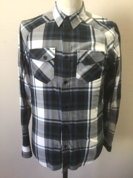 Mens, Casual Shirt, AMERICAN RAG CIE, Gray, Black, Dk Blue, White, Cotton, Plaid, S, Long Sleeve Button Front, Collar Attached, 2 Pockets with Button Flap Closures, Has a Double