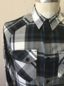 Mens, Casual Shirt, AMERICAN RAG CIE, Gray, Black, Dk Blue, White, Cotton, Plaid, S, Long Sleeve Button Front, Collar Attached, 2 Pockets with Button Flap Closures, Has a Double