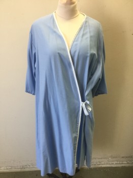 Unisex, Patient Robe, MEDLINE, Baby Blue, White, Cotton, Polyester, Solid, O/S, Baby Blue with White 1/4" Trim at Front, Short Sleeves, Wrapped Closure with Self Twill Ties