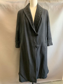 N/L, Black, Wool, Solid, Shawl Collar with Black Looped Passementarie Detail, Large 2 Button Front with Loops, Cuffed Sleeves with 3 Ribbing Stripe Details, 2 Welt Pockets,
