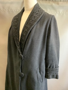 N/L, Black, Wool, Solid, Shawl Collar with Black Looped Passementarie Detail, Large 2 Button Front with Loops, Cuffed Sleeves with 3 Ribbing Stripe Details, 2 Welt Pockets,