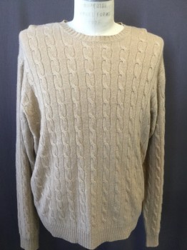 Mens, Pullover Sweater, JOSEPH & LYMAN, Camel Brown, Cashmere, Cable Knit, L, Crew Neck,