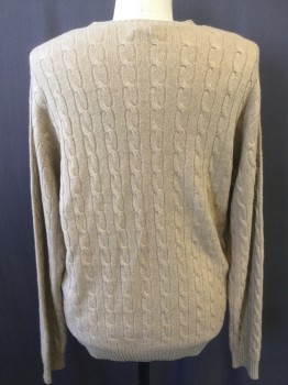 Mens, Pullover Sweater, JOSEPH & LYMAN, Camel Brown, Cashmere, Cable Knit, L, Crew Neck,