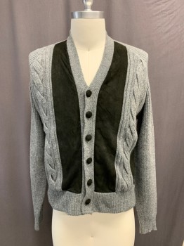 AVANTI, Gray, Black, Cotton, Polyester, Cable Knit, Color Blocking, Cardigan, Button Front, Long Sleeves, Covered Buttons, Black Suede Insets., V neck