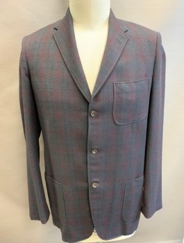 Mens, Blazer/Sport Co, ATKINS, Dk Gray, Black, Red Burgundy, Wool, Plaid, 42L, Single Breasted, Notched Lapel, 2 Buttons, 3 Patch Pockets, Dated 11/16/1966 Inside
