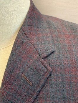 ATKINS, Dk Gray, Black, Red Burgundy, Wool, Plaid, Single Breasted, Notched Lapel, 2 Buttons, 3 Patch Pockets, Dated 11/16/1966 Inside