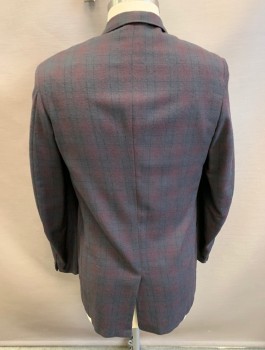 ATKINS, Dk Gray, Black, Red Burgundy, Wool, Plaid, Single Breasted, Notched Lapel, 2 Buttons, 3 Patch Pockets, Dated 11/16/1966 Inside