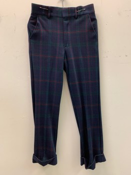 Mens, Pants, NL, Navy Blue, Green, Red, Polyester, Plaid, 30/29, Slant Pockets, Zip Front, Flat Front