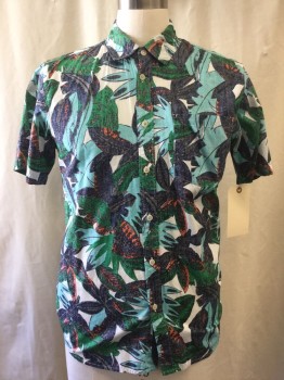 Mens, Hawaiian Shirt, RVCA, Navy Blue, Aqua Blue, White, Orange, Cotton, Speckled, Faded, M, Short Sleeves, Button Front, Collar Attached, 1 Pocket,
