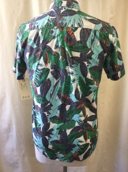 Mens, Hawaiian Shirt, RVCA, Navy Blue, Aqua Blue, White, Orange, Cotton, Speckled, Faded, M, Short Sleeves, Button Front, Collar Attached, 1 Pocket,