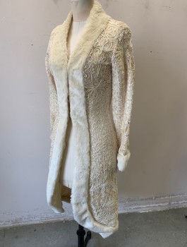 Womens, Evening Jacket, SUE WONG, Ivory White, Iridescent White, Rayon, Faux Fur, Swirl , Sz.4, Looped and Swirled Passementerie on Sheer Net Underlayer, with Iridescent Beading Throughout, Faux Fur Shawl Collar and Cuffs, 3 Silver Clasps in Front,  Duster Length,