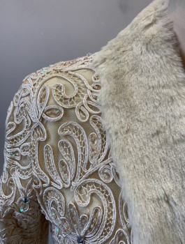 Womens, Evening Jacket, SUE WONG, Ivory White, Iridescent White, Rayon, Faux Fur, Swirl , Sz.4, Looped and Swirled Passementerie on Sheer Net Underlayer, with Iridescent Beading Throughout, Faux Fur Shawl Collar and Cuffs, 3 Silver Clasps in Front,  Duster Length,