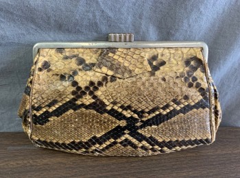 Womens, Purse, SALISBURY'S, Lt Brown, Dk Brown, Snakeskin/Reptile, 5.5"W, 9"L, Clutch, Silver Metal Clasp, Taupe Linen Lining, Clasp is Slightly Rusted,
