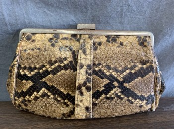 Womens, Purse, SALISBURY'S, Lt Brown, Dk Brown, Snakeskin/Reptile, 5.5"W, 9"L, Clutch, Silver Metal Clasp, Taupe Linen Lining, Clasp is Slightly Rusted,