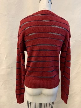 Womens, Pullover, RAG & BONE, Brick Red, Navy Blue, Nylon, Cotton, Stripes, XS, Brick Red with Navy Threaded See Through Stripes, Ribbed Knit Crew Neck/Cuff/Waistband
