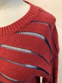 Womens, Pullover, RAG & BONE, Brick Red, Navy Blue, Nylon, Cotton, Stripes, XS, Brick Red with Navy Threaded See Through Stripes, Ribbed Knit Crew Neck/Cuff/Waistband
