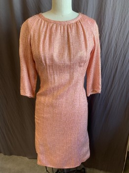 CLAUDE RIVIERE, Pink, Gold, Polyester, Acetate, Abstract , Pink with Gold Abstract Gathered with 1/2" Round Neck Trim, 3/4 Sleeves, Zip Back,  (let Out Hem Creased)