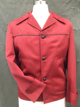 Mens, Jacket, ROBERTS, Dk Red, Polyester, Leather, Solid, 40S, with Black Leather Piping at Yoke Line and Pocket Trim, 5 Black Leather Button Closure Center Front, Medallion Print Lining of Mauve, Red & Plum, Late 1970's
