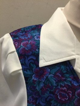 KDK DESIGNS, Violet Purple, Navy Blue, Purple, White, Teal Green, Polyester, Floral, Color Blocking, Floral Patterned "Vest" with Attached Solid White "Shirt" Underneath, Solid Navy Bottom Half, Short Sleeves, Collar Attached, Both Vest/Shirt Panels Have Buttons, Elastic Waist, Mid Calf Length,
