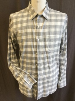 BONOBOS, White, Gray, Dk Gray, Cotton, Plaid, Collar Attached, Button Down, Button Front,  1 Pocket, Long Sleeves, Curved Hem