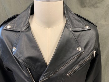 Mens, Leather Jacket, N/L, Black, Leather, Solid, XS, Motorcycle Style Jacket, Zip Front Collar Attached, Notched Lapel, 4 Pockets, Epaulets, Belt Loops, Self Belt