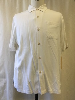 TOMMY BAHAMA, Eggshell White, Silk, Solid, Button Front (wooden Buttons), Collar Attached, Short Sleeves, 1 Pocket,