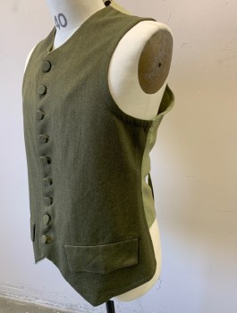 N/L MTO, Olive Green, Wool, Cotton, Solid, Fabric Covered Buttons in Front, High V-neck, 2 Faux Pockets with Batwing Flaps, Back is Beige Cotton with Olive Twill Ties Attached at Waist, **Slightly Damaged at Neck/Seam Undone