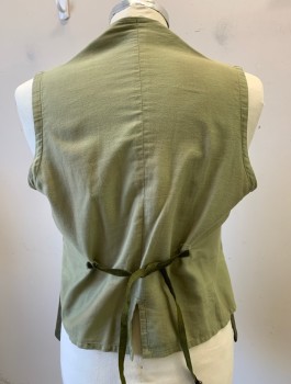 Mens, Historical Fiction Vest, N/L MTO, Olive Green, Wool, Cotton, Solid, 40, Fabric Covered Buttons in Front, High V-neck, 2 Faux Pockets with Batwing Flaps, Back is Beige Cotton with Olive Twill Ties Attached at Waist, **Slightly Damaged at Neck/Seam Undone