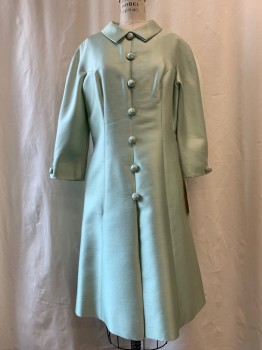 PARVES FEINSTEIN, Lt Green, Silk, Solid, Crew Neck, Collar Attached, Faux Button Front, Zip Back, Panelled, Pleated Center Front & Sides, Left Shoulder Disintegrating,