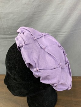 Womens, Hat, SUZY, Lavender Purple, Silk, Solid, Beret Style, with Self Diamond Shaped American Smocking with Tiny Bobble Knots,