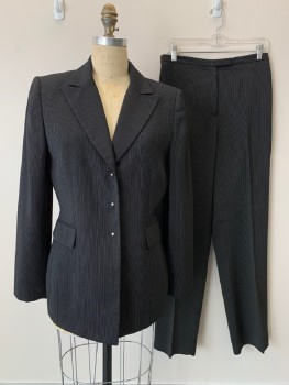 Womens, 1990s Vintage, Suit, Jacket, TAHARI, Black, White, Polyester, Rayon, Stripes - Pin, B38, 8, W28, L/S, Snap Button Front, Single Breasted, Peaked Lapel, 2 Pckts,