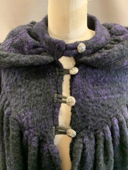 LE-GOLD WOMAN, Dk Purple, Black, Wool, Plaid, Hooded, Button & Loop Closure, Pleated At Chest