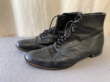 Mens, Boots 1890s-1910s, STACY ADAMS, Black, Leather, Solid, 14, Black Leather Lace Up Ankle Boot, Perforated Cap Toe,