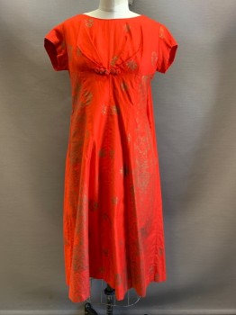 Womens, Evening Gown, Hawaiian, Red, Bronze Metallic, Cotton, Floral, S, S/S, Crew Neck, Pleated Chest with Flower Details, Pleated Back, Back Zipper,