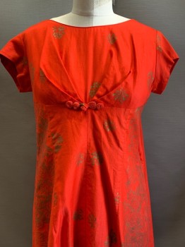 Womens, Evening Gown, Hawaiian, Red, Bronze Metallic, Cotton, Floral, S, S/S, Crew Neck, Pleated Chest with Flower Details, Pleated Back, Back Zipper,