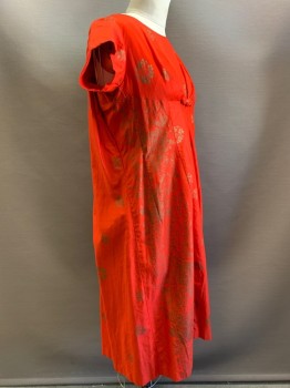 Hawaiian, Red, Bronze Metallic, Cotton, Floral, S/S, Crew Neck, Pleated Chest with Flower Details, Pleated Back, Back Zipper,