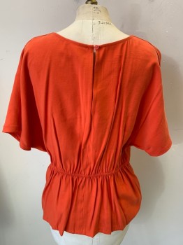 Womens, Top, PROLOGUE, Orange, Rayon, Polyester, Solid, M, Short Sleeves, V-neck, Keyhole Center Back, Back with Elastic at Waist