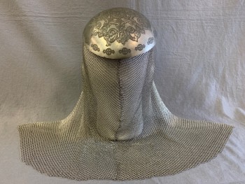 Mens, Historical Fiction Helmet, NL, Silver, Metallic/Metal, Abstract , Chainmail Headpiece, Silver Solid Metal Cap, with Intricate Embossed Pattern, Attached Silver Chainmail Mesh Attached with Open Face
