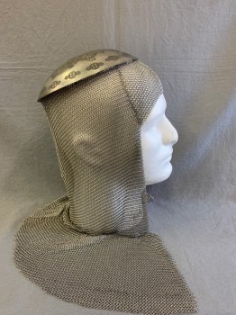 NL, Silver, Metallic/Metal, Abstract , Chainmail Headpiece, Silver Solid Metal Cap, with Intricate Embossed Pattern, Attached Silver Chainmail Mesh Attached with Open Face